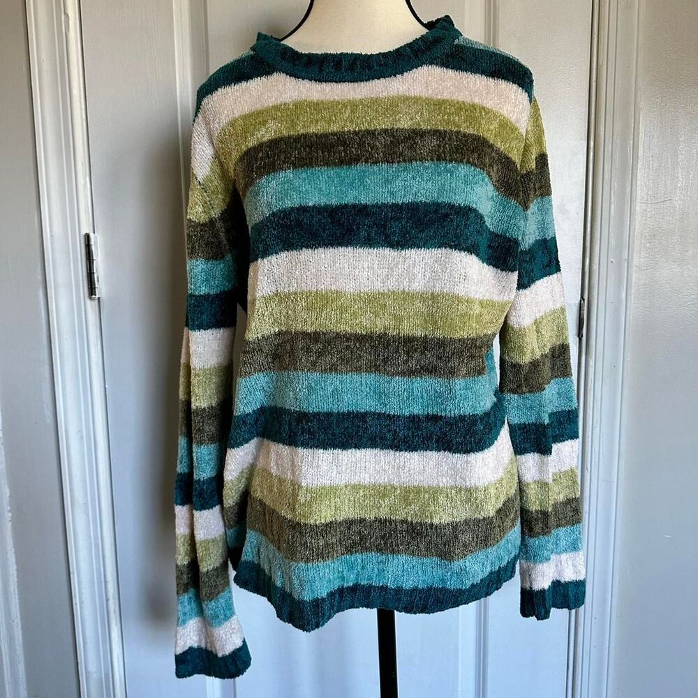 White-stag Women's Blue and Green Striped Jumper, Size Medium